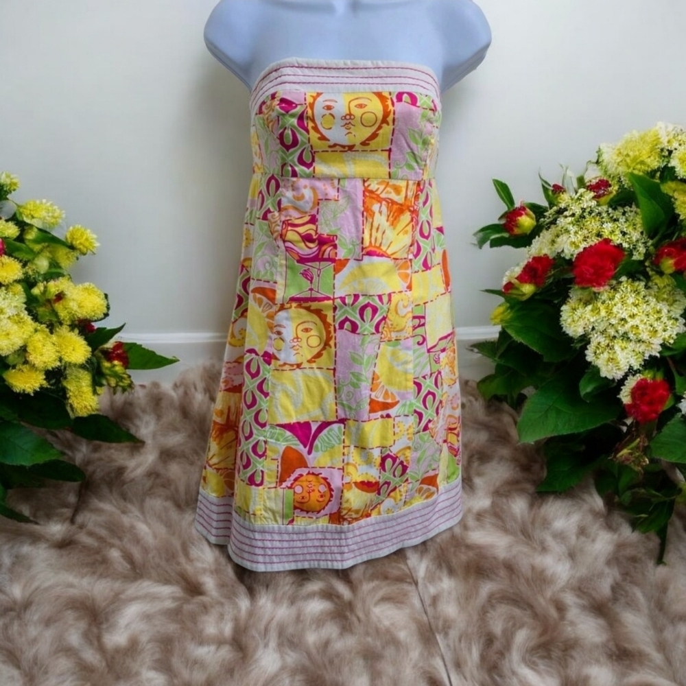Lilly Pulitzer Strapless Patchwork Dress Pink Gre… - image 5